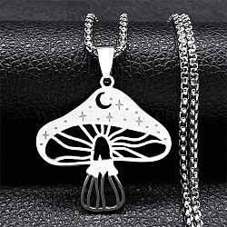 304 Stainless Steel Hollow Moon Star Mushroom Pendant Necklaces for Women, Non-Tarnish, Stainless Steel Color, 23.62 inch(60cm)(NJEW-K283-34P)