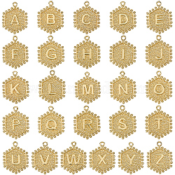 26Pcs 26 Styles Brass Pendants, Hexagon with 26 Letter Charms, Real 18K Gold Plated, 20x16x2.5mm, Hole: 1.5mm, 1pc/style(KK-SC0006-20)