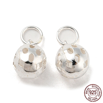 925 Sterling Silver Pendants, with Jump Rings, Hollow Round Ball Charms, Silver, 11x8.5mm, Hole: 4mm