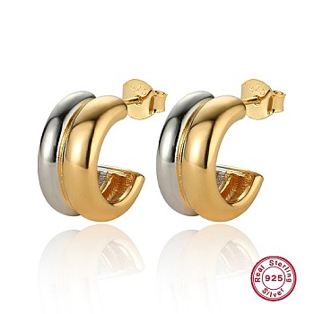 Two Tone 925 Sterling Silver Stud Earrings, Half Hoop Earrings, Platinum & Golden, 15x8mm