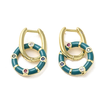 Real 18K Gold Plated Brass Ring Dangle Hoop Earrings, with Enamel and Cubic Zirconia, Teal, 21x12.5mm