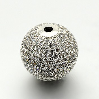 Brass Micro Pave Cubic Zirconia Round Beads, Cadmium Free & Lead Free, Clear, Platinum, 20mm, Hole: 3mm