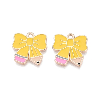 Alloy Enamel Pendants, Pencil & Bowknot Charms, Light Gold, Gold, 18x18x1mm, Hole: 1.6mm