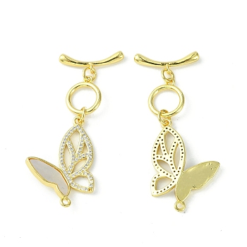 Rack Plating Brass Micro Pave Cubic Zirconia Toggle Clasps, with Shell, Long-Lasting Plated, Lead Free & Cadmium Free, Butterfly, Real 18K Gold Plated, 40x20x3mm, Hole: 1.4mm, Bar: 7x18.5x2.8mm