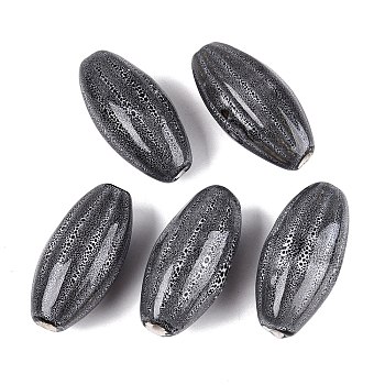 Vintage Handmade Porcelain Beads, Fancy Antique Glazed Porcelain, Oval, Black, 40~41x18~21mm, Hole: 3~3.5mm
