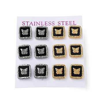6 Pair 2 Color Square & Butterfly Acrylic Stud Earrings, 304 Stainless Steel Earrings, Golden & Stainless Steel Color, 13x12mm, 3 Pair/color