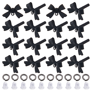 Alloy Stud Earring Findings, with 925 Sterling Silver Pins and Brass Jump Rings, Bowknot, Black, 11x15x4mm, Hole: 1.2mm, Pin: 0.7mm