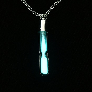Luminous Alloy Locket Pendant Necklaces, Glow in the Dark, Sand Glass, Deep Sky Blue, 18.42 inch(46.8cm), Pendant: 35x7mm