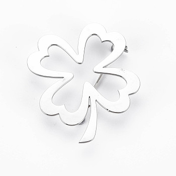 Open Clover Brooch, 201 Stainless Steel Leaf Lapel Pin for Backpack Clothes, Nickel Free & Lead Free, Stainless Steel Color, 41x34x6mm, Pin: 0.7mm