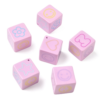 Printed Opaque Resin Beads, Cube with Star & Flower & Heart & Smiling Face & Letter M, Pink, 26.5x25.5x24.5mm, Hole: 2mm
