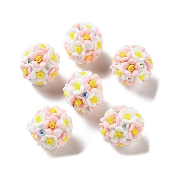 Luminous Resin Pave Rhinestone Beads, Glow in the Dark Flower Round Beads with Porcelain, Pink, 19mm, Hole: 2mm