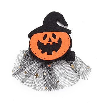 Halloween Gauze & Felt Hair Accessories, with Iron Alligator Hair Clips Findings, Pumpkin with Hat, Orange, 86x50x4mm