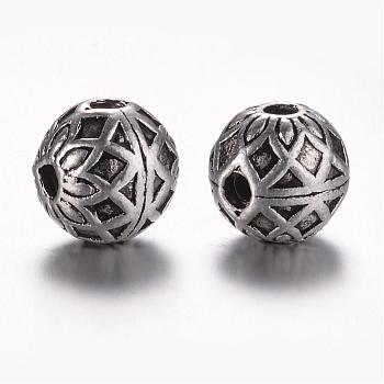 Tibetan Style Alloy 3-Hole Guru Beads, T-Drilled Beads, Round, Antique Silver, 9x9mm, Hole: 2mm