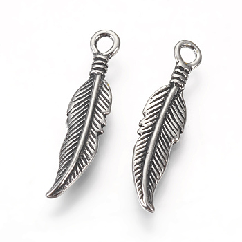 304 Stainless Steel Pendants, Feather, Antique Silver, 25.5x6x2.5mm, Hole: 2mm