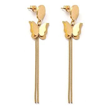 Vacuum Plating 304 Stainless Steel 3D Butterfly Dangle Stud Earrings, Chains Tassel Earrings, Golden, 73x15mm