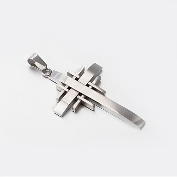 304 Stainless Steel Cross Pendants, Stainless Steel Color, 58x35x3.5mm, Hole: 9x5mm
