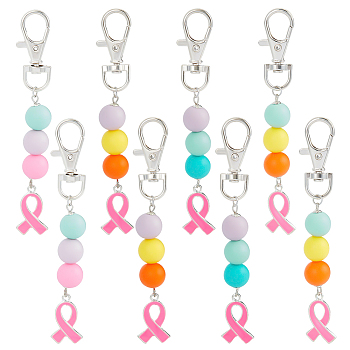 Elite 8Pcs 4 Colors Silicone Beaded Pendant Decoration, Cancer Awareness Ribbon Lobster Clasp Charms, Clip-on Charms, Mixed Color, 105mm, 2pcs/color