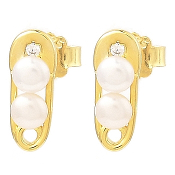 Rack Plating 925 Sterling Silver Safety Pin Shape Stud Earrings, with Natural Pearl Beaded, Real 18K Gold Plated, 12x5mm