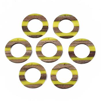 Resin & Walnut Wood Pendants, Two Tone, Ring, Yellow, 39x2~3mm, Hole: 2mm