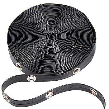 Flat Imitation Leather Cord, Platinum Tone Alloy Eyelet Tape, for Jewelry Making, Black, 9x1mm, Hole: 6mm