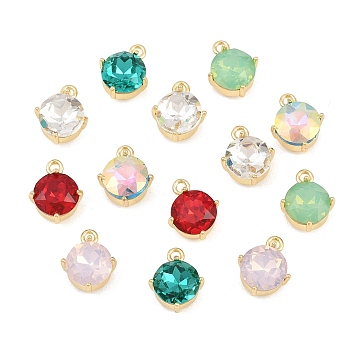 Brass Glass Pendants, Flat Round Charm, Faceted, Mixed Color, 12x9.5x5.5mm, Hole: 1.5mm