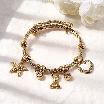 304 Stainless Steel Charm Bangles for Women, Starfish & Fishtail & Heart, with 201 Stainless Steel Beads & Rhinestone & Shell, Ion Plating(IP), Real 18K Gold Plated, Inner Diameter: 2-1/4 inch(5.8cm)