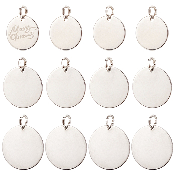 18Pcs 3 Style 201 Stainless Steel Flat Round Tag Pendants, with Jump Rings, Stainless Steel Color, 15~25mm, Hole: 4~6mm, 6pcs/style