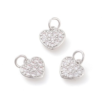 Brass Micro Pave Cubic Zirconia Charms, Heart, Clear, Platinum, 10x10x1.8mm, Hole: 3mm