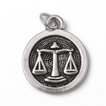 Brass Pendants, with Jump Rings, Long-Lasting Plated, Flat Round with 12 Constellation/Zodiac Sign, Antique Silver, Libra, 18.5x15x2mm, Jump Ring: 5x0.7mm, Inner Diameter: 3.6mm