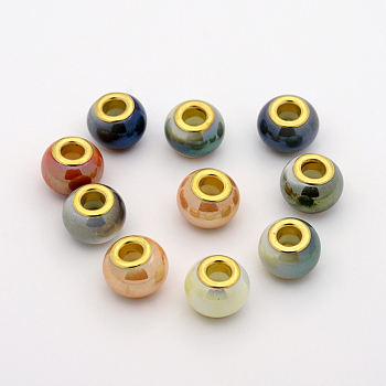 Pearlized Glass European Beads, Large Hole Rondelle Beads, with Golden Tone Brass Cores, Mixed Color, 14x10mm, Hole: 5mm