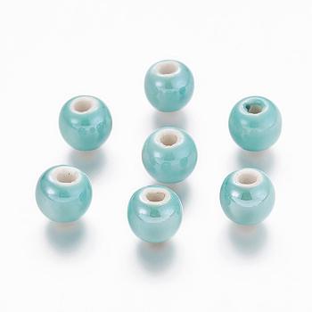 Pearlized Aquamarine Handmade Porcelain Round Beads, 10mm, Hole: 2~3mm