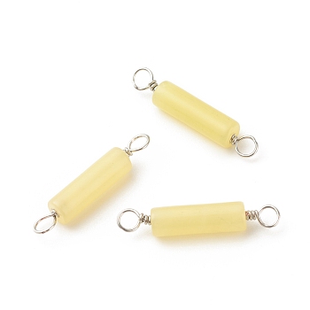 Natural Lemon Jade Connector Charms, with Platinum Tone Eco-Friendly Brass Wire Double Loops, Column, 23~24x4mm, Hole: 2~2.6mm 
