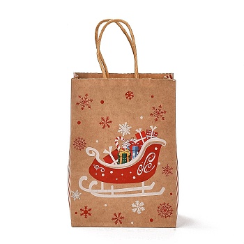 Christmas Theme Rectangle Paper Bags, with Handles, for Gift Bags and Shopping Bags, Sleigh, Bag: 8x15x21cm, Fold: 210x150x2mm