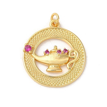 Rack Plating Brass Micro Pave Cubic Zirconia Pendants, with Jump Ring, Long-Lasting Plated, Lead Free & Cadmium Free, Flat Round with Magic Lamp, Deep Pink, Real 18K Gold Plated, 21.5x19x3mm, Hole: 2.5mm