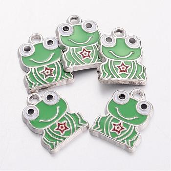 Alloy Enamel Pendants, Frog, Lead Free & Cadmium Free & Nickel Free, Platinum, Lime Green, about 16.5mm long, 12.5mm wide, 1mm thick, hole:2mm