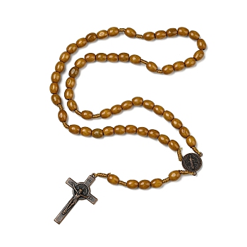 Alloy Religion Crucifix Cross Pendant Necklaces, Wood Beaded Necklace, Dark Goldenrod, 24-3/4 inch(63cm)