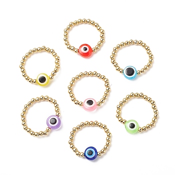7Pcs 7 Color Resin Evil Eye & 304 Stainless Steel Beaded Stretch Finger Rings, Stackable Adjsutable Rings for Women, Mixed Color, US Size 6(16.5mm), 1Pc/color