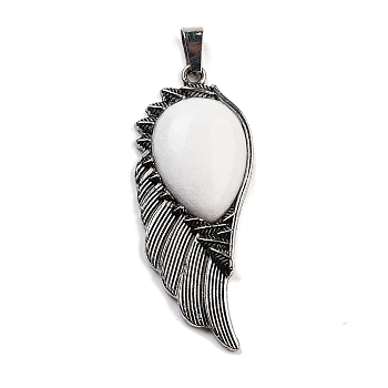 Natural White Jade Big Pendants, Wing Charms with Alloy Findings, Antique Silver, 56.5~57x22.5~23x7~8mm, Hole: 4x8.5mm