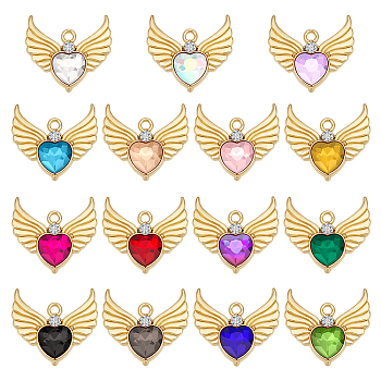 30Pcs 15 Colors Alloy Rhinestone Pendants, Light Gold, Angel Love Wings Charms, Mixed Color, 22x21x5mm, Hole: 1.8mm