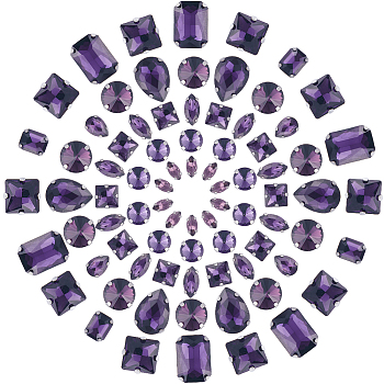 100PCS 10Style Sew on Rhinestone, Multi-strand Links, Glass Rhinestone, with Platinum Tone Brass Prong Settings, Garments Accessories, Faceted, Horse Eye, Purple, 8~18x4~13x3.5~7.5mm, Hole: 0.8~1mm, 10pcs/style