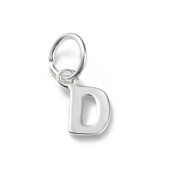 925 Sterling Silver Letter Charms, with Jump Rings and 925 Stamp, Silver Color Plated, Letter D, 7.8x6.3x0.8mm, Hole: 4mm