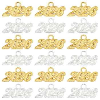 40Pcs 2 Colors Alloy Pendants, Number 2026 Charms, Mixed Color, 14x28.5x1mm, Hole: 3mm, 20pcs/color