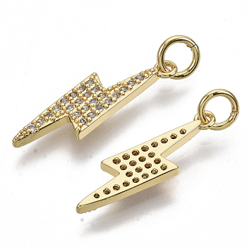 Brass Micro Pave Cubic Zirconia Pendants, Lightning, Real 18K Gold Plated, 21x6x2mm, Hole: 3mm