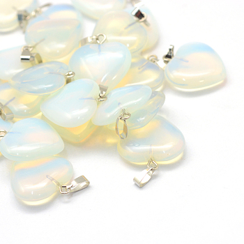 Heart Opalite Pendants, with Platinum Tone Brass Findings, 20~22x20~21x5~8mm, Hole: 2x7mm