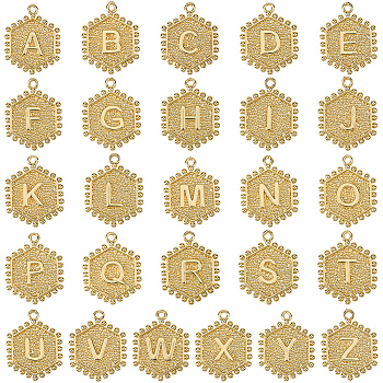 26Pcs 26 Styles Brass Pendants, Hexagon with 26 Letter Charms, Real 18K Gold Plated, 20x16x2.5mm, Hole: 1.5mm, 1pc/style