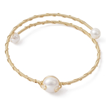 Grade A Natural Pearl Beaded Cuff Bangle, Rack Plating Copper Wire Wrap Bangle, Golden, Inner Diameter: 2 inch(5.1cm)
