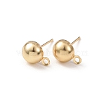 Brass Stud Earring Findings, Cadmium Free & Lead Free, Half Round, with Loop, Real 24K Gold Plated, 10x7.5mm, Hole: 1.5mm, Pin: 12x0.8mm(KK-G604-01G-04)