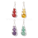 4Pcs 4 Styles Dyed Natural Quartz Crystal & Carnelian & Green Aventurine & Amethyst Round Beaded Pendants, Teardrop Charms with Brass Findings, Silver, 34x12x8mm, Hole: 1.8mm, 1pc/style(PALLOY-TA00347-01)