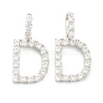 Brass+Cubic Zirconia Pendants, Platinum, Clear, Letter D, 19~22.5x10.5~20x2.5mm, Hole: 9.5x6mm(ZIRC-J039-18P-D)