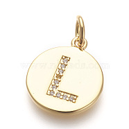 Brass Micro Pave Cubic Zirconia Pendants, Lead Free & Cadmium Free, Flat Round with Letter, Golden, Letter.L, 17.5x15x1.5mm, Hole: 3mm(ZIRC-E152-06L-G-RS)